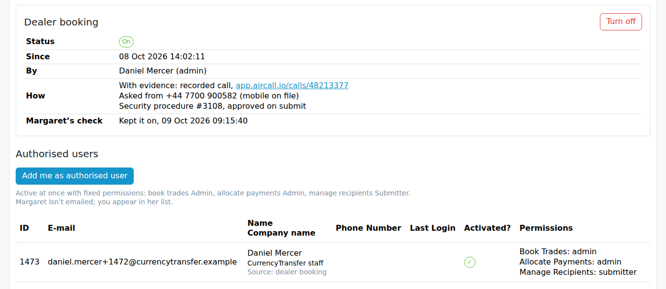 On: Add me as authorised user