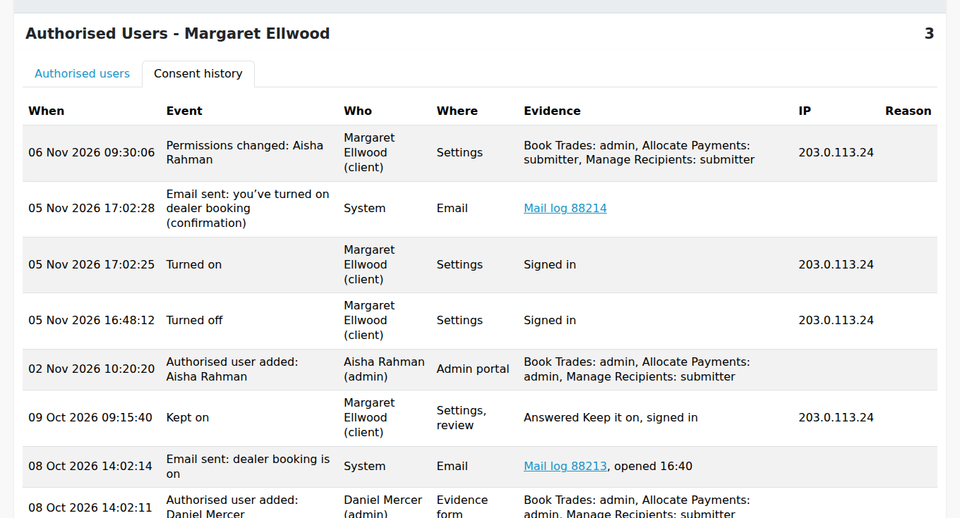 Consent history tab