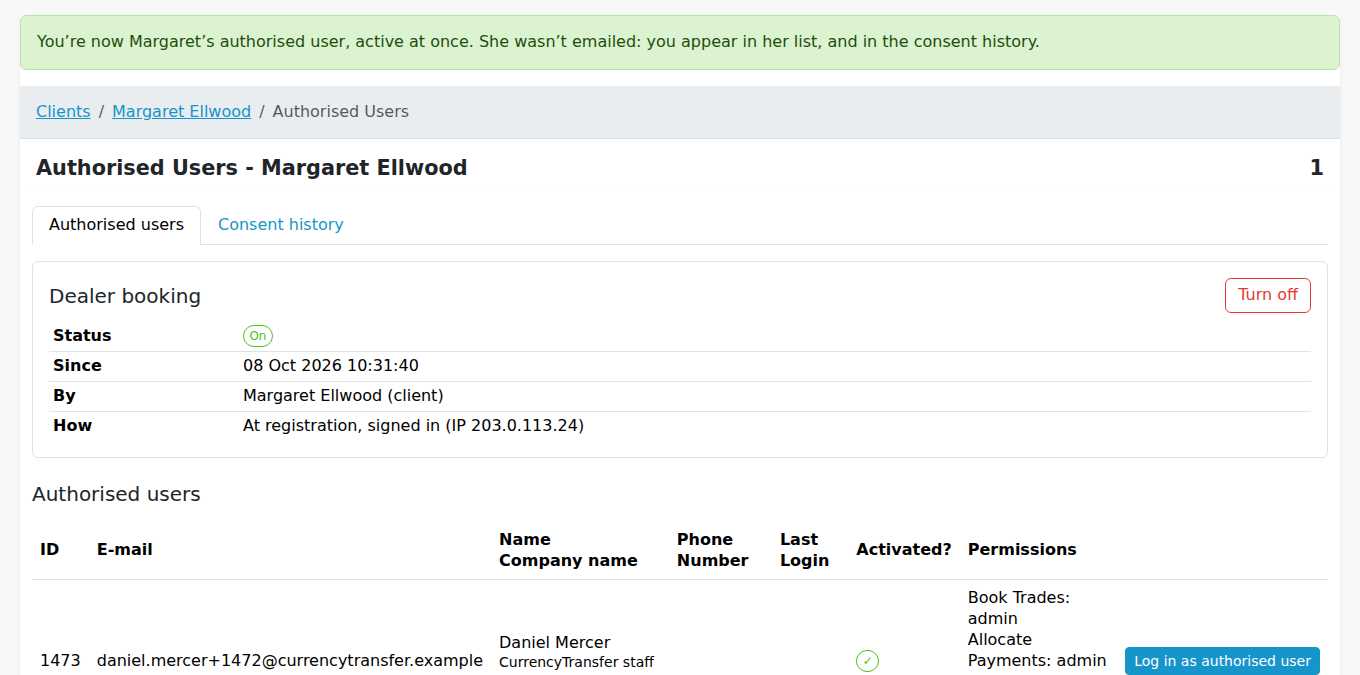On: your own row, Log in as authorised user