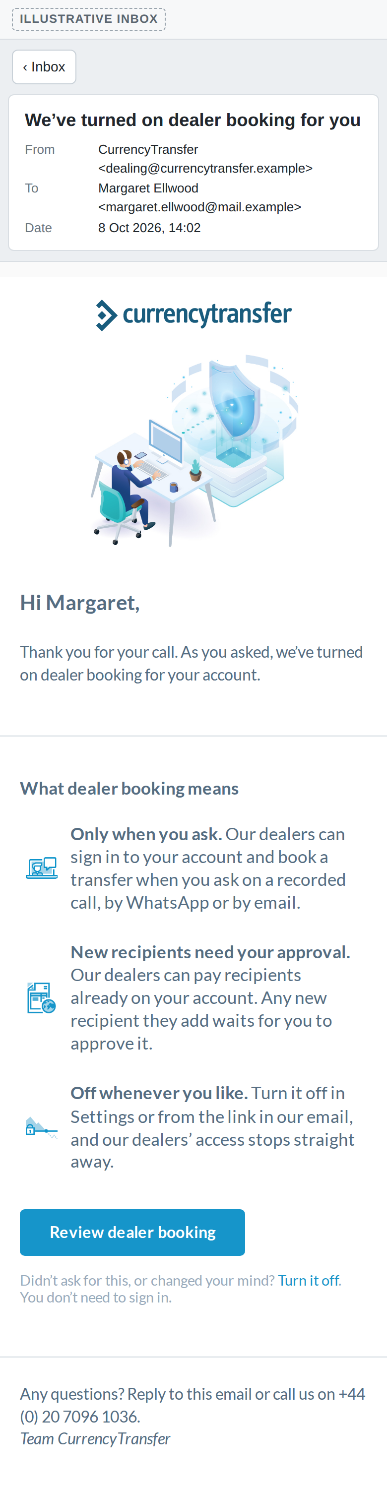 Email: “We’ve turned on dealer booking for you”, phone