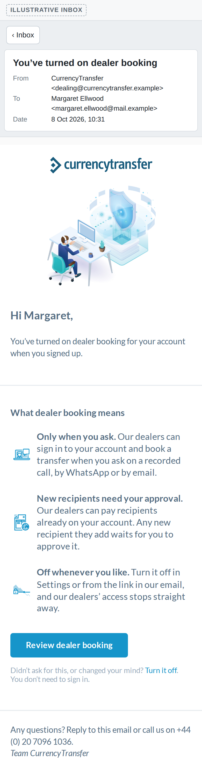 Email: “You’ve turned on dealer booking” (confirmation), phone