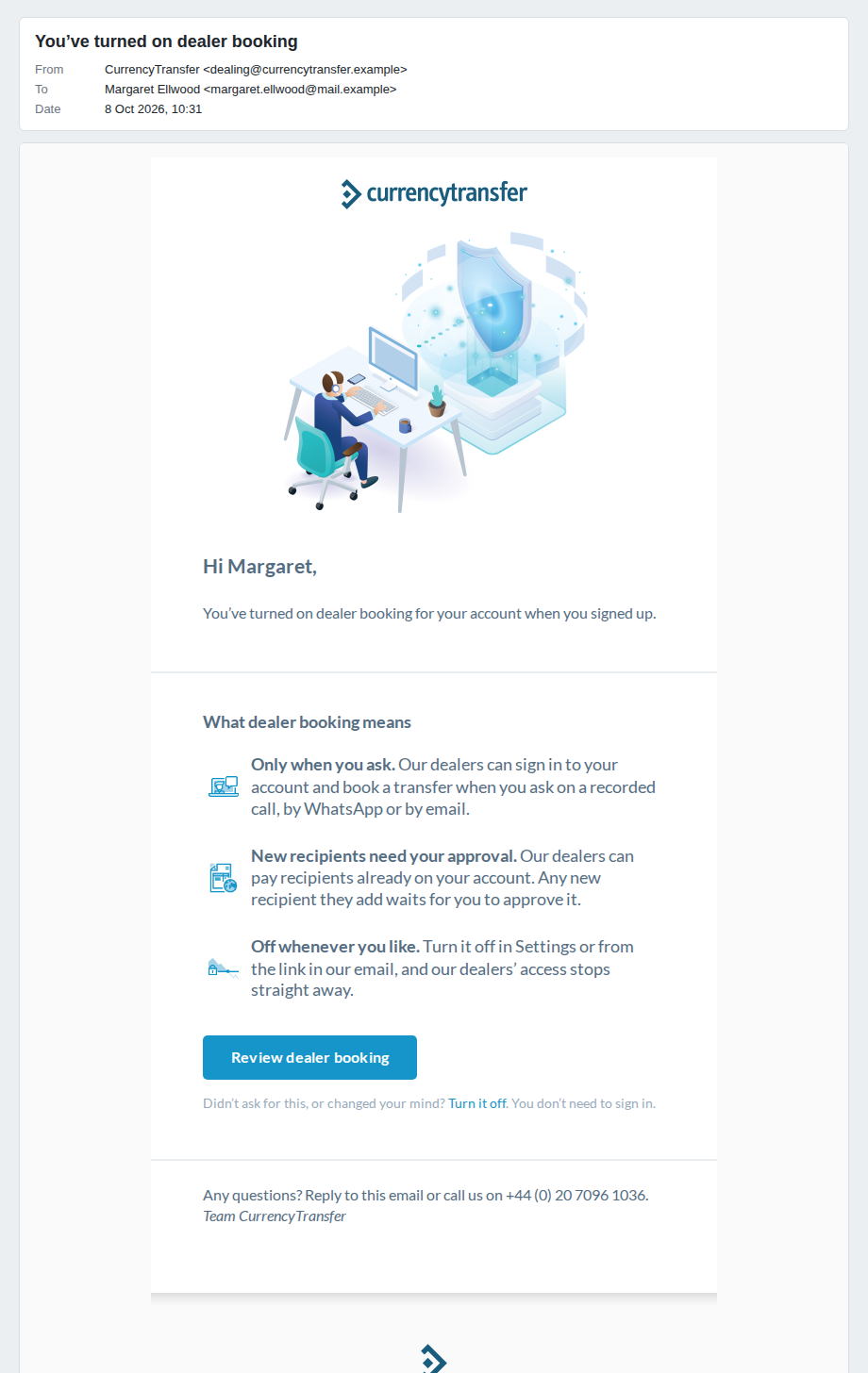Email: “You’ve turned on dealer booking” (confirmation)