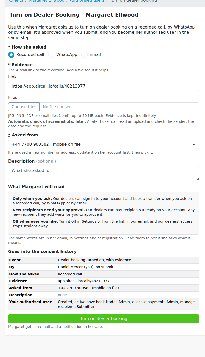 Evidence form: recorded call