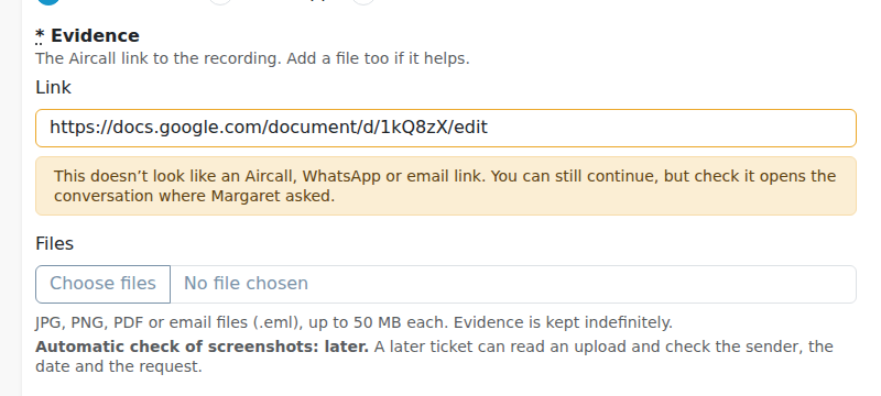 Evidence form: link warning