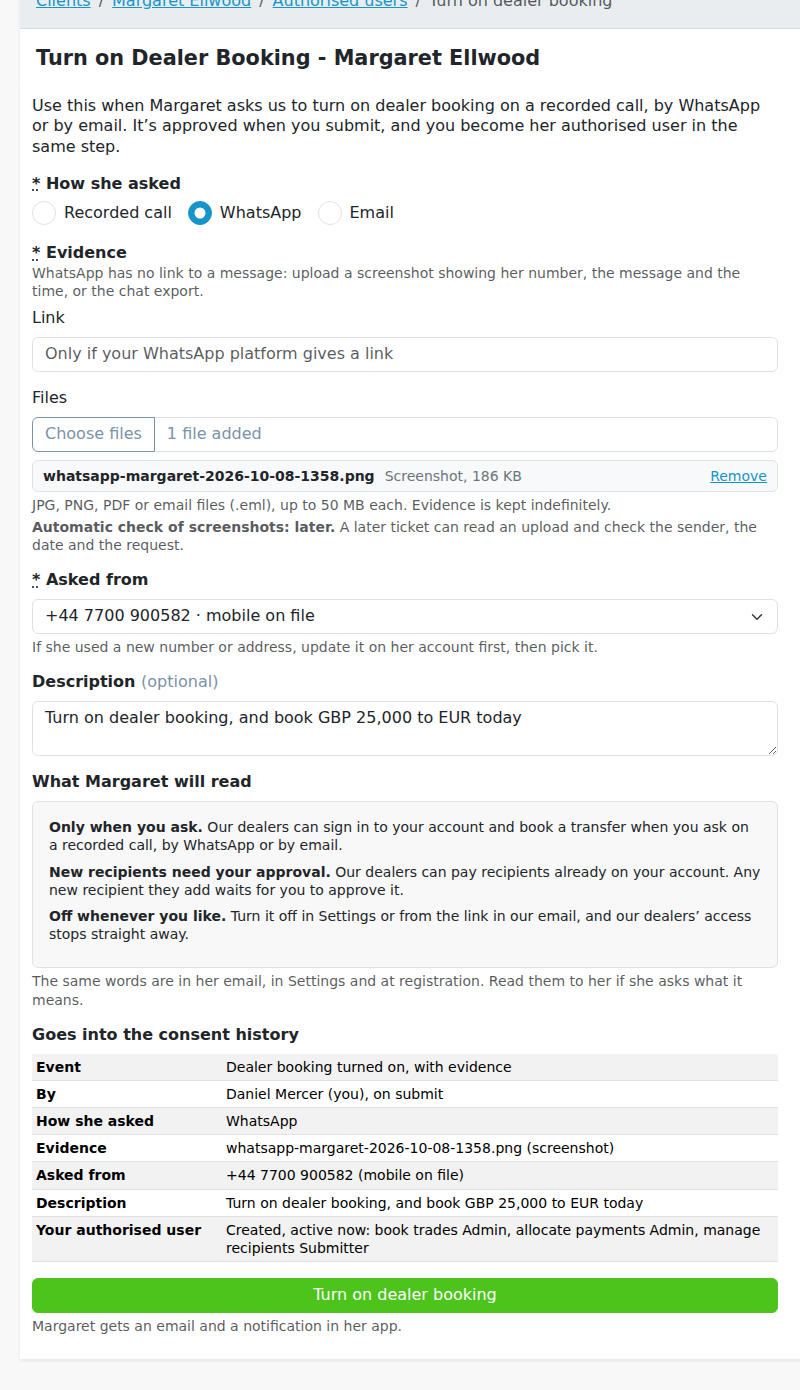 Evidence form: WhatsApp, with an upload
